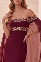 Load image into Gallery viewer, Burgundy Mermaid Off the Shoulder Satin Long Formal Dress with Cape