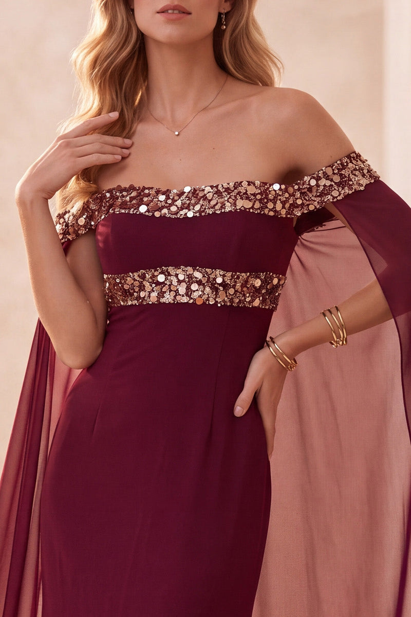 Load image into Gallery viewer, Burgundy Mermaid Off the Shoulder Satin Long Formal Dress with Cape