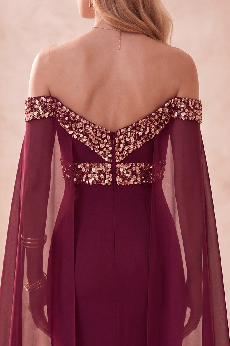 Load image into Gallery viewer, Burgundy Mermaid Off the Shoulder Satin Long Formal Dress with Cape