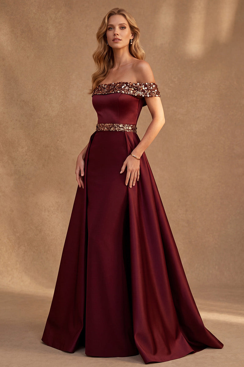 Load image into Gallery viewer, Burgundy Mermaid Sequin Off the Shoulder Long Formal Dress