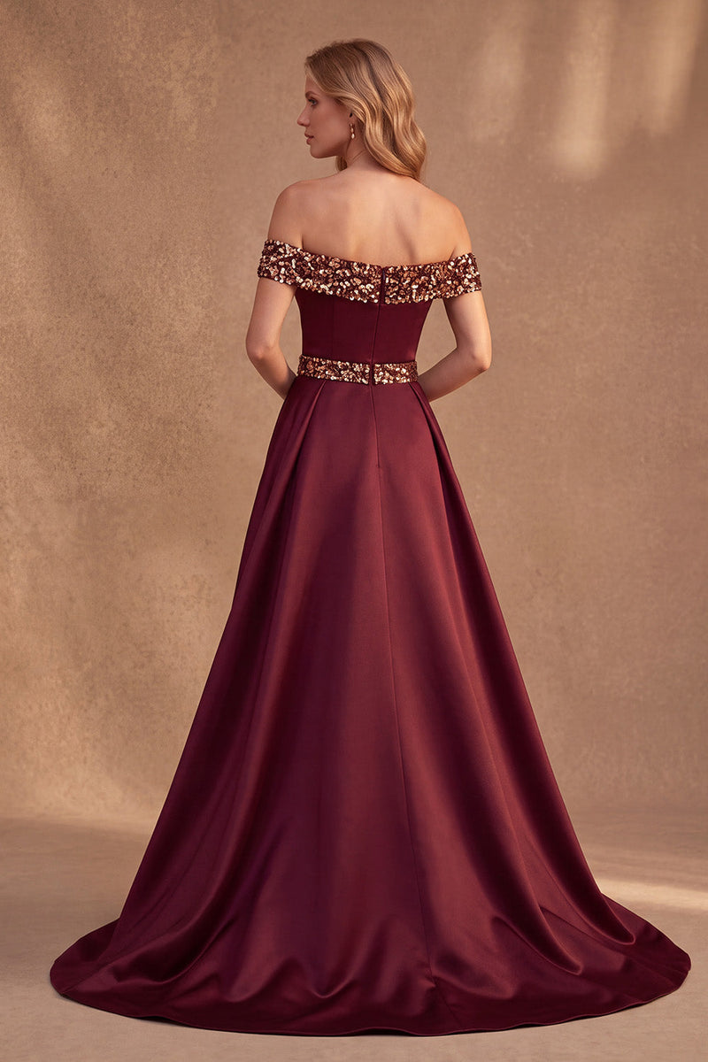 Load image into Gallery viewer, Burgundy Mermaid Sequin Off the Shoulder Long Formal Dress