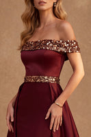 Load image into Gallery viewer, Burgundy Mermaid Sequin Off the Shoulder Long Formal Dress