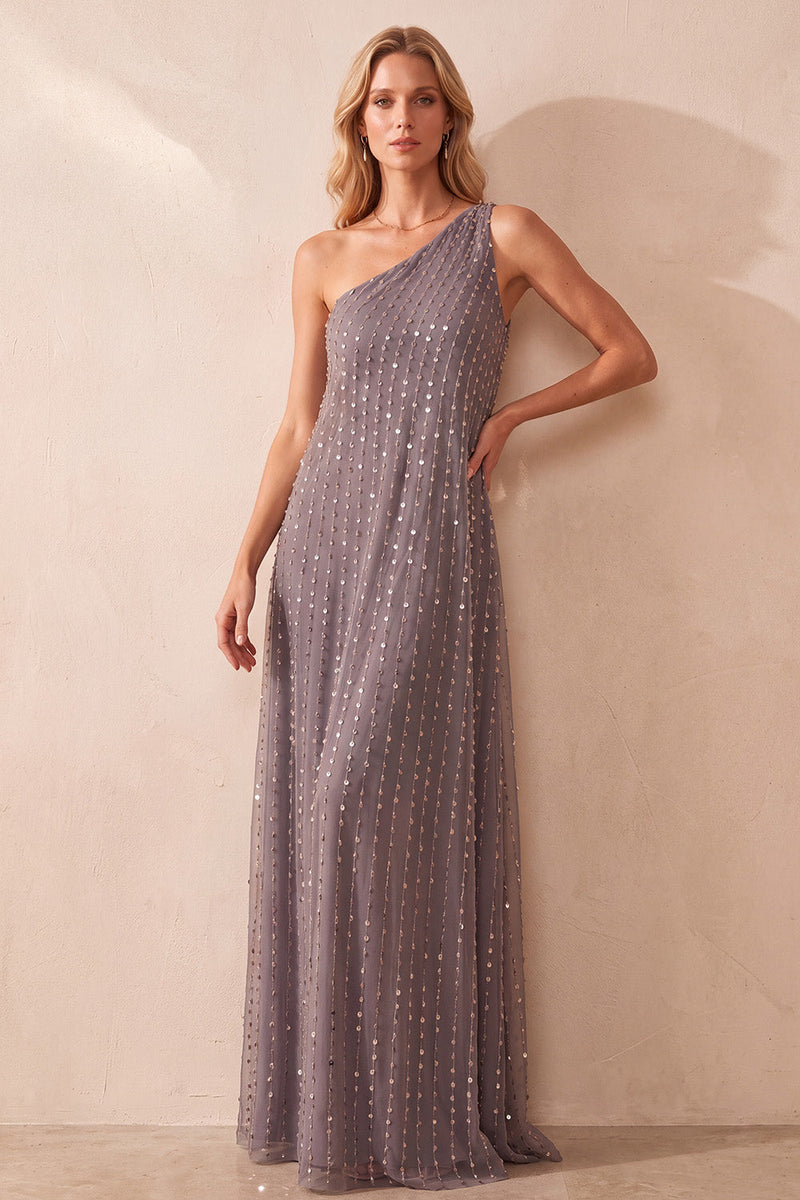 Load image into Gallery viewer, Sparkly Fog Sequin One Shoulder Sheath Long Formal Dress