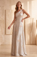 Load image into Gallery viewer, A-Line Silver Ruched One Shoulder Long Formal Dress with Appliques