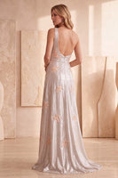 Load image into Gallery viewer, A-Line Silver Ruched One Shoulder Long Formal Dress with Appliques