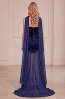 Load image into Gallery viewer, Mermaid Navy Floral Strapless Long Formal Dress with Neck Scarf