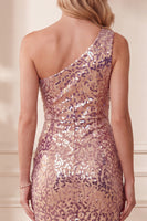 Load image into Gallery viewer, Sparkly Mermaid Vintage Mauve Feathered Sequin One Shoulder Long Formal Dress