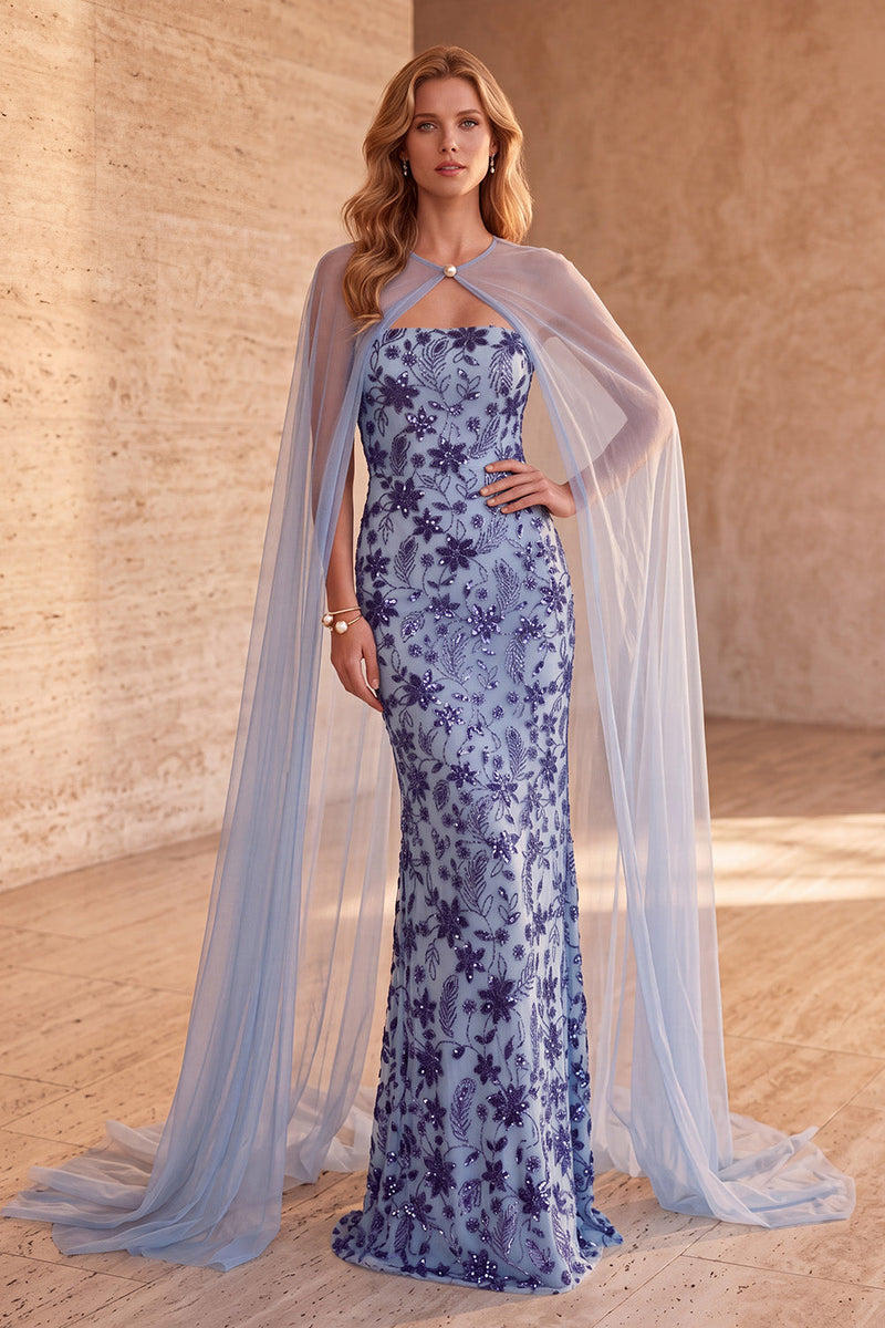Load image into Gallery viewer, Sparkly Floral Slate Blue Sequin Mermaid Long Formal Dress with Cape