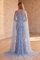 Load image into Gallery viewer, Sparkly Floral Slate Blue Sequin Mermaid Long Formal Dress with Cape