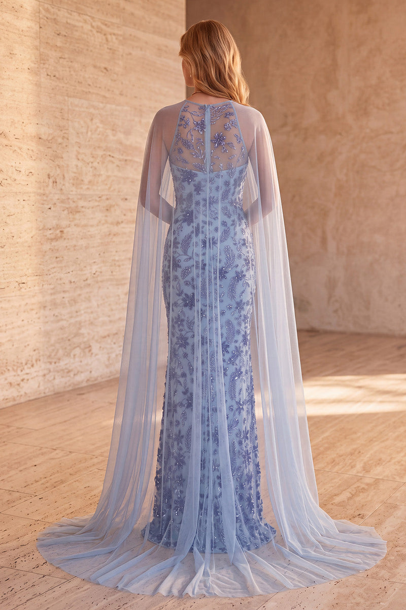 Load image into Gallery viewer, Sparkly Floral Slate Blue Sequin Mermaid Long Formal Dress with Cape