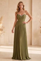 Load image into Gallery viewer, A-Line Olive Pleated Sweetheart Beaded Long Formal Dress