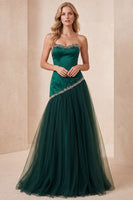 Load image into Gallery viewer, Dark Green Strapless A-Line Beaded Long Formal Dress