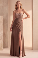 Load image into Gallery viewer, Coffee A Line Beaded Strapless Long Formal Dress with Sequins