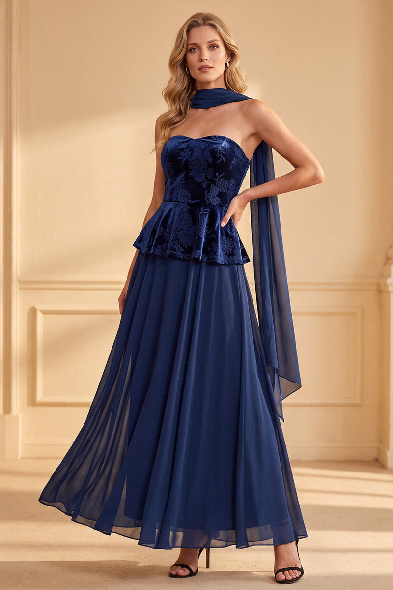 Load image into Gallery viewer, Dark Blue Ruffled Floral A-Line Tiered Long Formal Dress with Neck Scarf