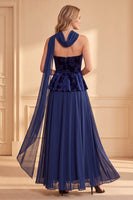 Load image into Gallery viewer, Dark Blue Ruffled Floral A-Line Tiered Long Formal Dress with Neck Scarf