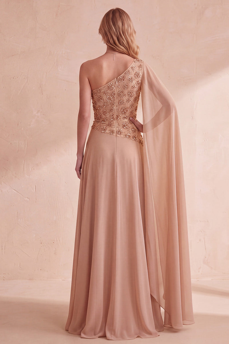 Load image into Gallery viewer, Floral Khaki One Shoulder Chiffon A-Line Long Formal Dress with Cape