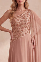 Load image into Gallery viewer, Floral Khaki One Shoulder Chiffon A-Line Long Formal Dress with Cape
