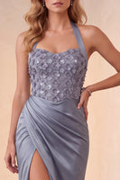 Load image into Gallery viewer, Dusty Blue Floral Mermaid Halter Ruched Long Formal Dress with Slit