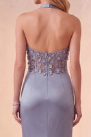 Load image into Gallery viewer, Dusty Blue Floral Mermaid Halter Ruched Long Formal Dress with Slit