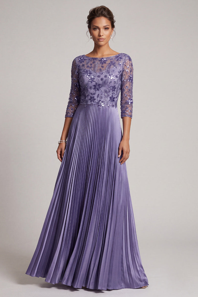Load image into Gallery viewer, Sparkly Purple A-Line Floral Pleated Satin Long Mother of the Bride Dress with Sequins