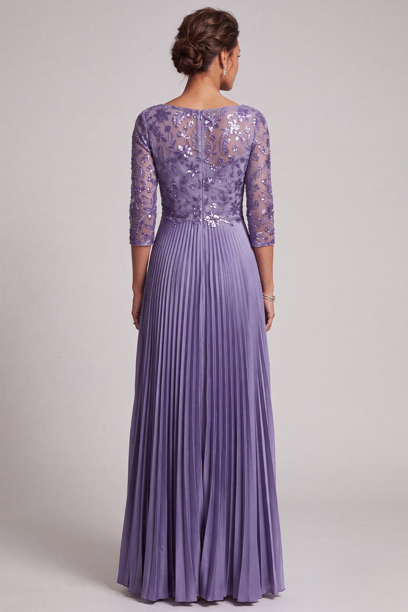 Load image into Gallery viewer, Sparkly Purple A-Line Floral Pleated Satin Long Mother of the Bride Dress with Sequins
