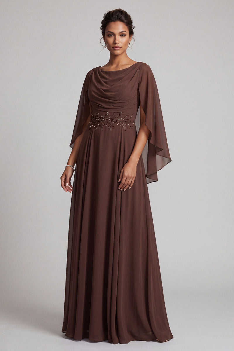Load image into Gallery viewer, Coffee A-Line Cowl Neck Beaded Ruffled Chiffon Long Mother of the Bride Dress with Cape