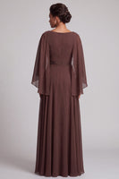 Load image into Gallery viewer, Coffee A-Line Cowl Neck Beaded Ruffled Chiffon Long Mother of the Bride Dress with Cape