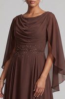 Load image into Gallery viewer, Coffee A-Line Cowl Neck Beaded Ruffled Chiffon Long Mother of the Bride Dress with Cape