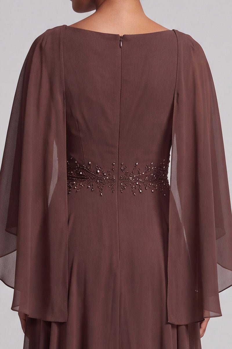 Load image into Gallery viewer, Coffee A-Line Cowl Neck Beaded Ruffled Chiffon Long Mother of the Bride Dress with Cape
