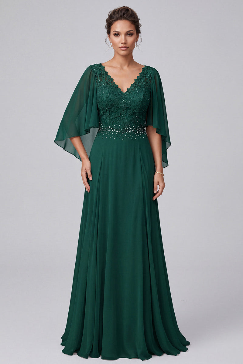 Load image into Gallery viewer, Dark Green A-Line V-Neck Chiffon Ruffled Beaded Long Mother of the Bride Dress with Cape