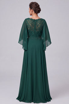 Dark Green A-Line V-Neck Chiffon Ruffled Beaded Long Mother of the Bride Dress with Cape