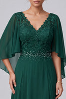 Load image into Gallery viewer, Dark Green A-Line V-Neck Chiffon Ruffled Beaded Long Mother of the Bride Dress with Cape