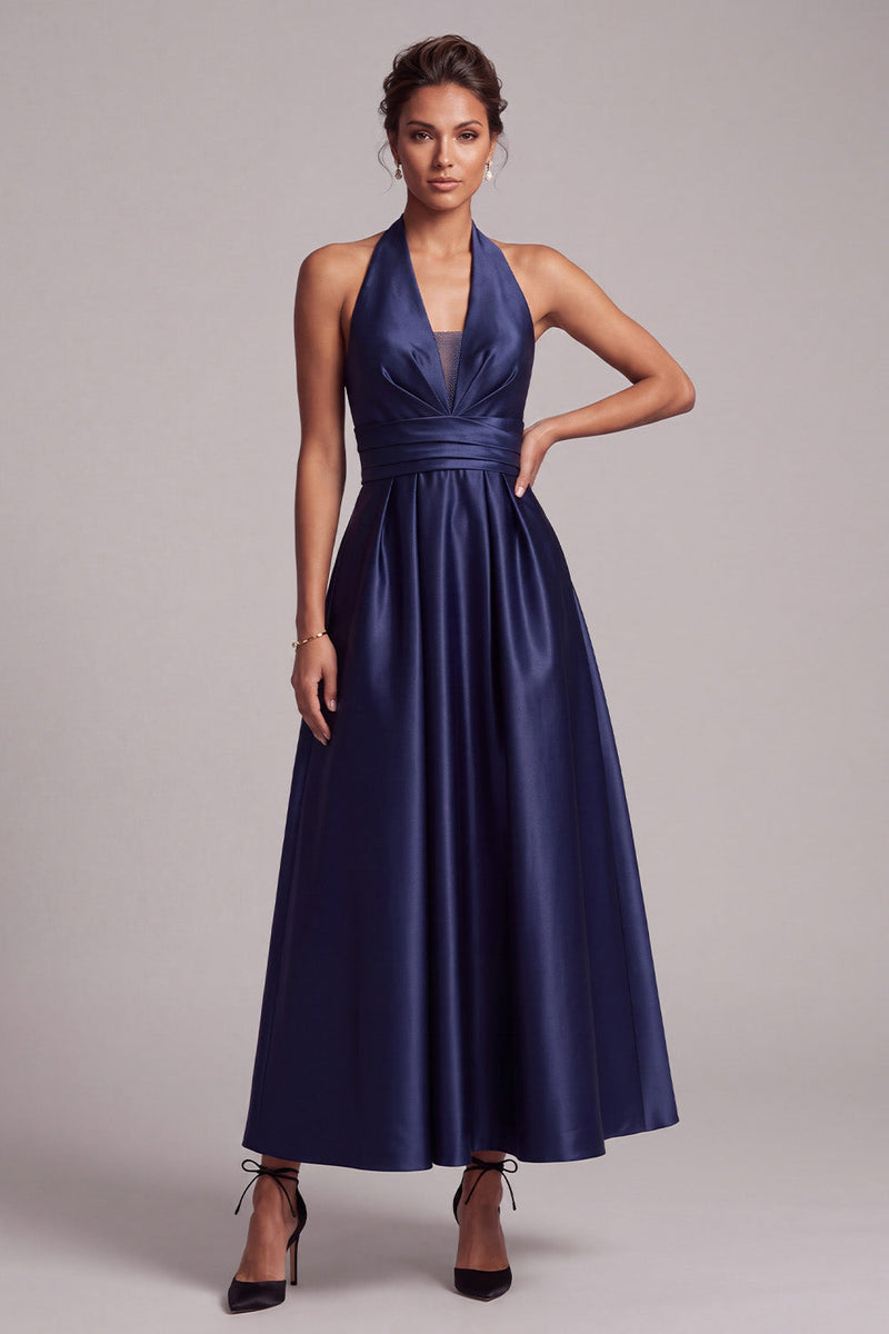 Load image into Gallery viewer, Dark Blue A-Line Halter Ruched Keyhole Back Satin Midi Formal Dress