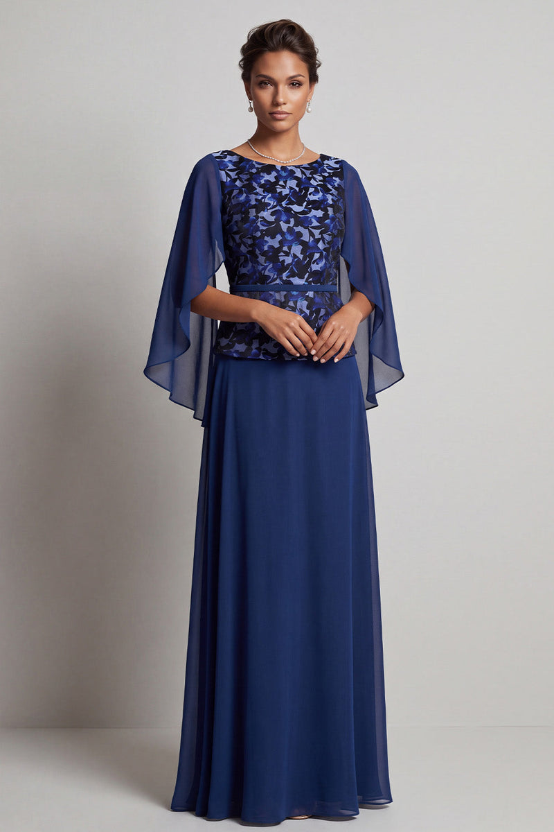 Load image into Gallery viewer, Navy Sheath Round Neck Floral Chiffon Long Mother of the Bride Dress with Cape