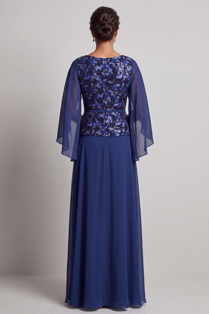 Load image into Gallery viewer, Navy Sheath Round Neck Floral Chiffon Long Mother of the Bride Dress with Cape