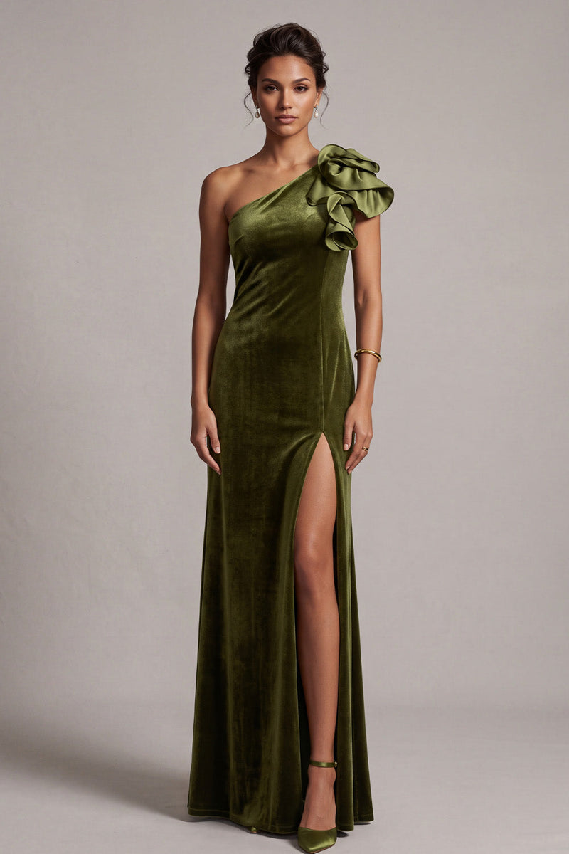 Load image into Gallery viewer, Olive Velvet Mermaid One Shoulder Velvet Ruffled Long Formal Dress with Slit
