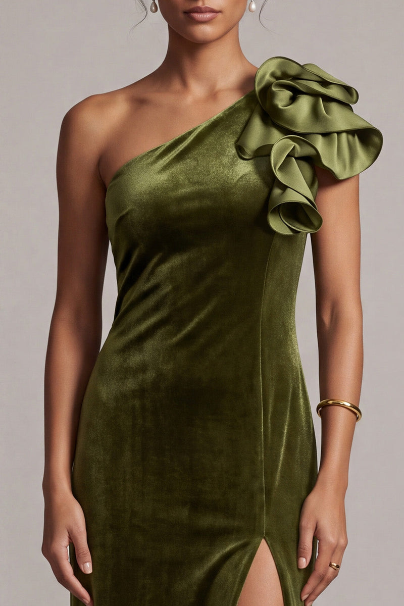 Load image into Gallery viewer, Olive Velvet Mermaid One Shoulder Velvet Ruffled Long Formal Dress with Slit
