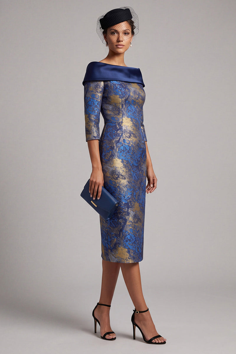 Load image into Gallery viewer, Royal Blue Bodycon Off the Shoulder Jacquard Midi Mother of the Bride Dress with Sleeves