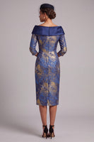 Load image into Gallery viewer, Royal Blue Bodycon Off the Shoulder Jacquard Midi Mother of the Bride Dress with Sleeves