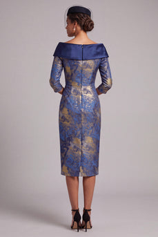 Royal Blue Bodycon Off the Shoulder Jacquard Midi Mother of the Bride Dress with Sleeves