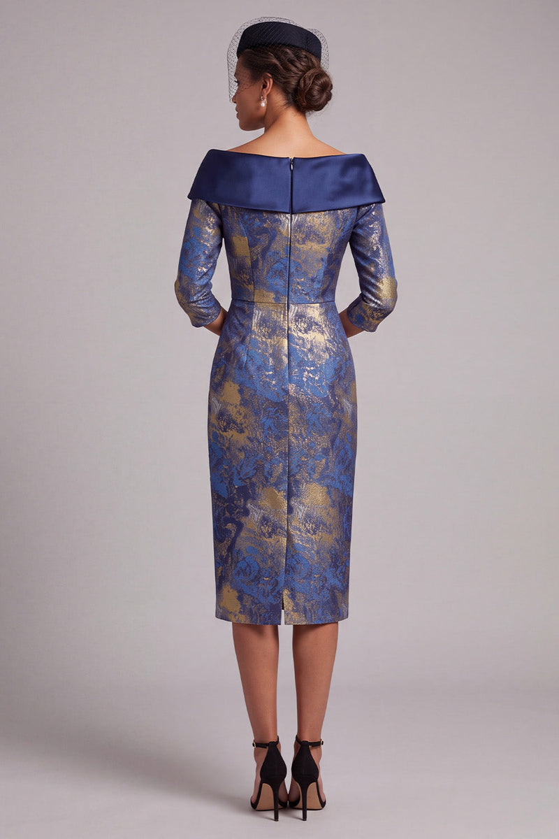 Load image into Gallery viewer, Royal Blue Bodycon Off the Shoulder Jacquard Midi Mother of the Bride Dress with Sleeves