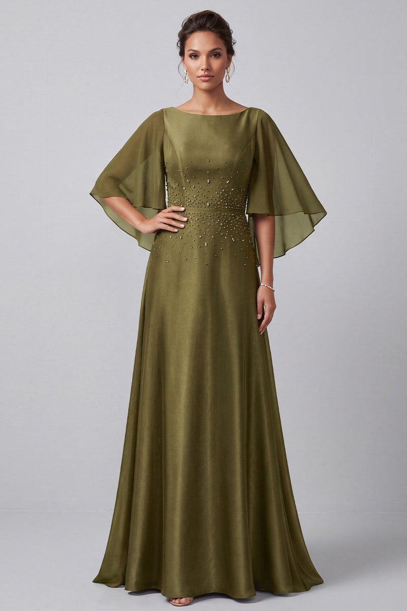 Load image into Gallery viewer, Olive A-Line Boat Neck Satin Beaded Long Mother of the Bride Dress with Sleeves