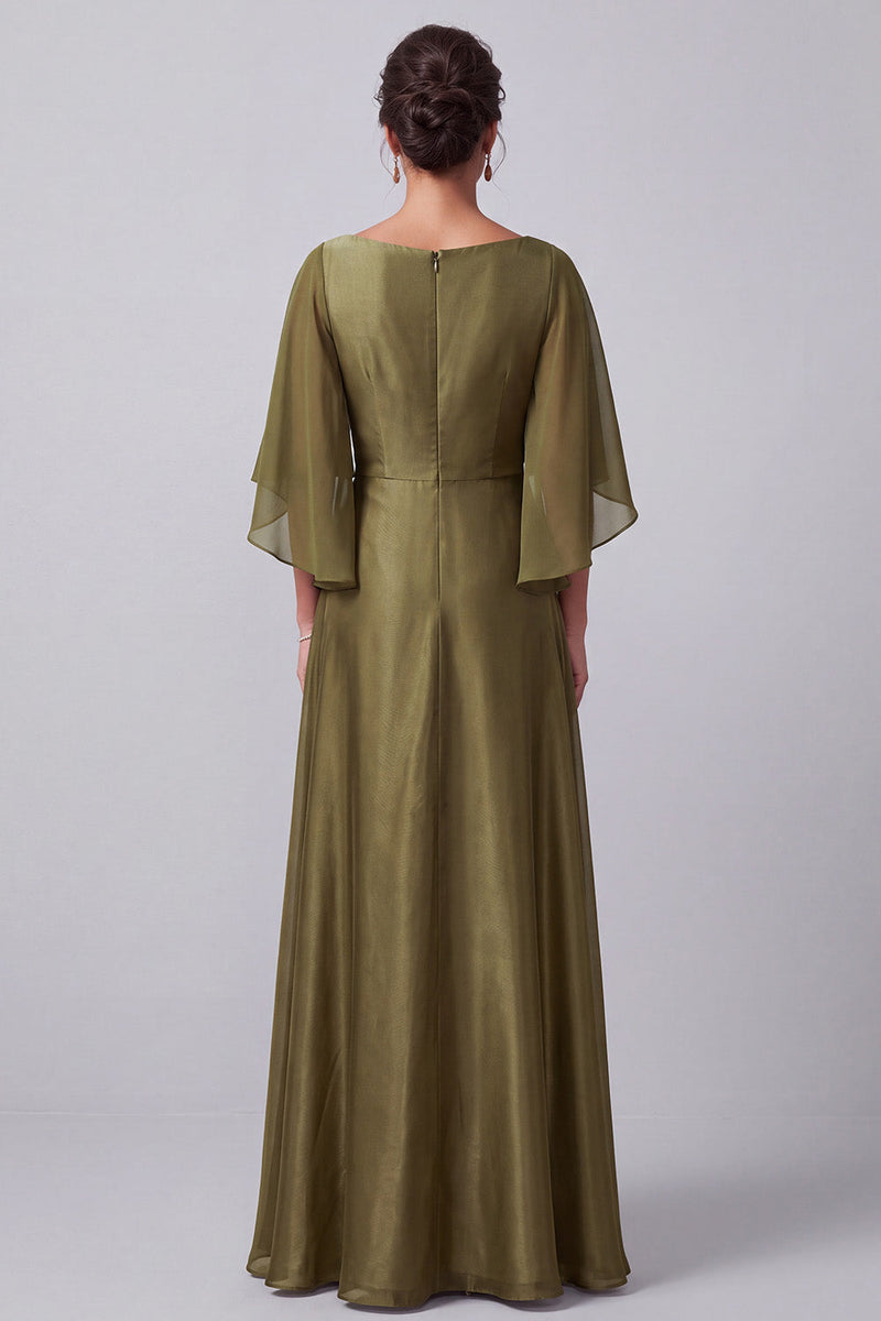 Load image into Gallery viewer, Olive A-Line Boat Neck Satin Beaded Long Mother of the Bride Dress with Sleeves