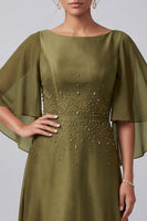 Load image into Gallery viewer, Olive A-Line Boat Neck Satin Beaded Long Mother of the Bride Dress with Sleeves