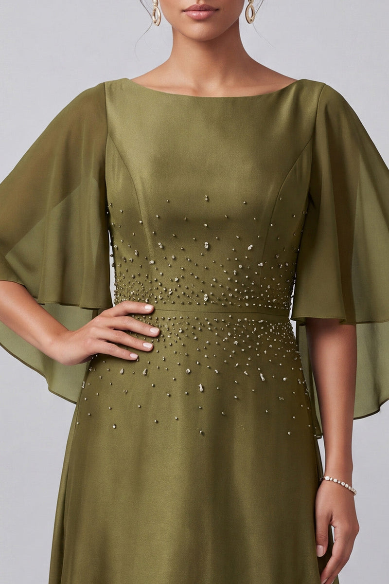 Load image into Gallery viewer, Olive A-Line Boat Neck Satin Beaded Long Mother of the Bride Dress with Sleeves