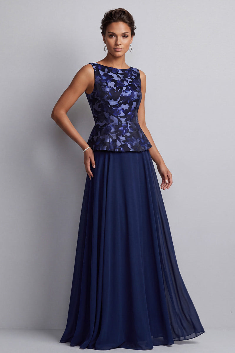 Load image into Gallery viewer, Navy A-Line Boat Neck Floral Chiffon Long Mother of the Bride Dress