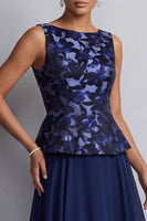 Load image into Gallery viewer, Navy A-Line Boat Neck Floral Chiffon Long Mother of the Bride Dress