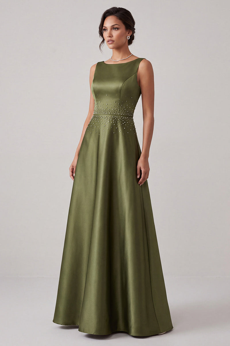 Load image into Gallery viewer, Sparkly Olive A-Line Boat Neck Beaded Satin Long Formal Dress