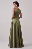 Load image into Gallery viewer, Sparkly Olive A-Line Boat Neck Beaded Satin Long Formal Dress