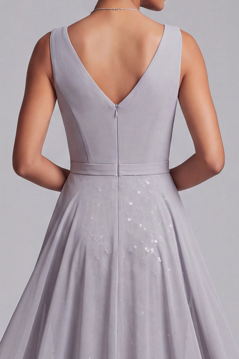 Load image into Gallery viewer, Sparkly Light Grey Ruched Plaid Sequins Chiffon Bodycon Midi Mother of the Bride Dress with Cape